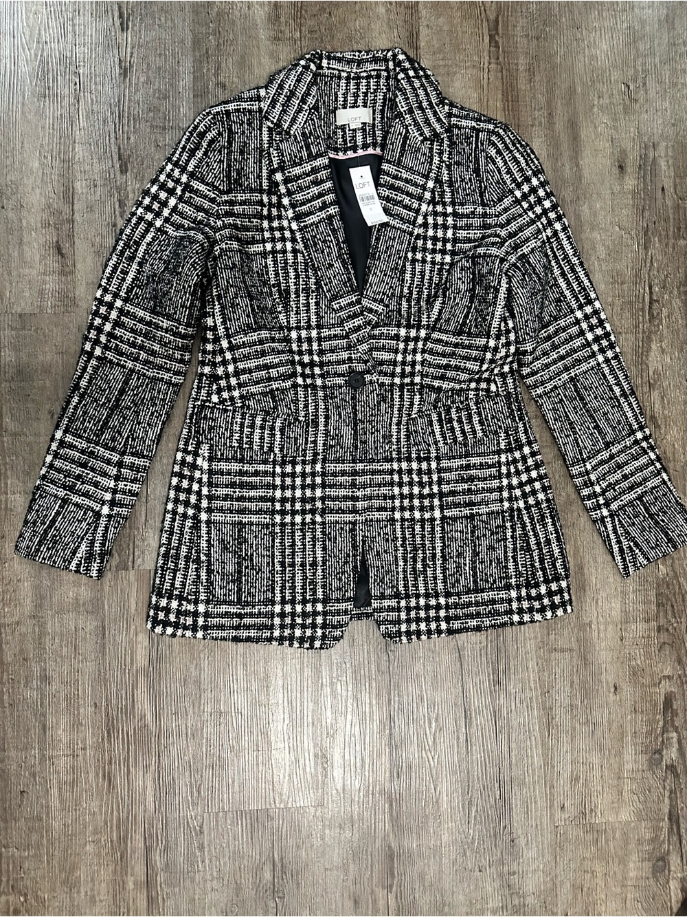 LOFT Black and White Plaid Tweed Blazer Jacket